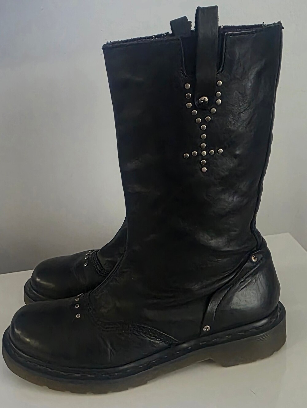 Dr. Martens Alexia Black Leather Mid-Calf Boots with Stud Accents